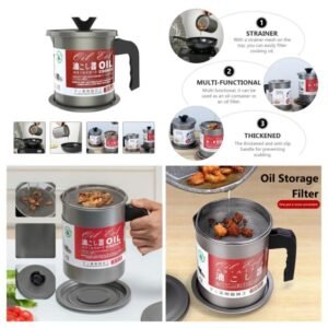1.4L Fryer Oil Filter Pot Carbon Steel Jug with Stainless Steel Strainer Lid